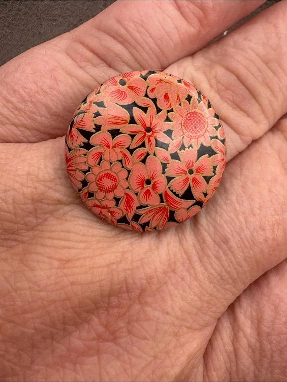 Vintage Floral Cabochon Adjustable Statement Ring Pink Black
